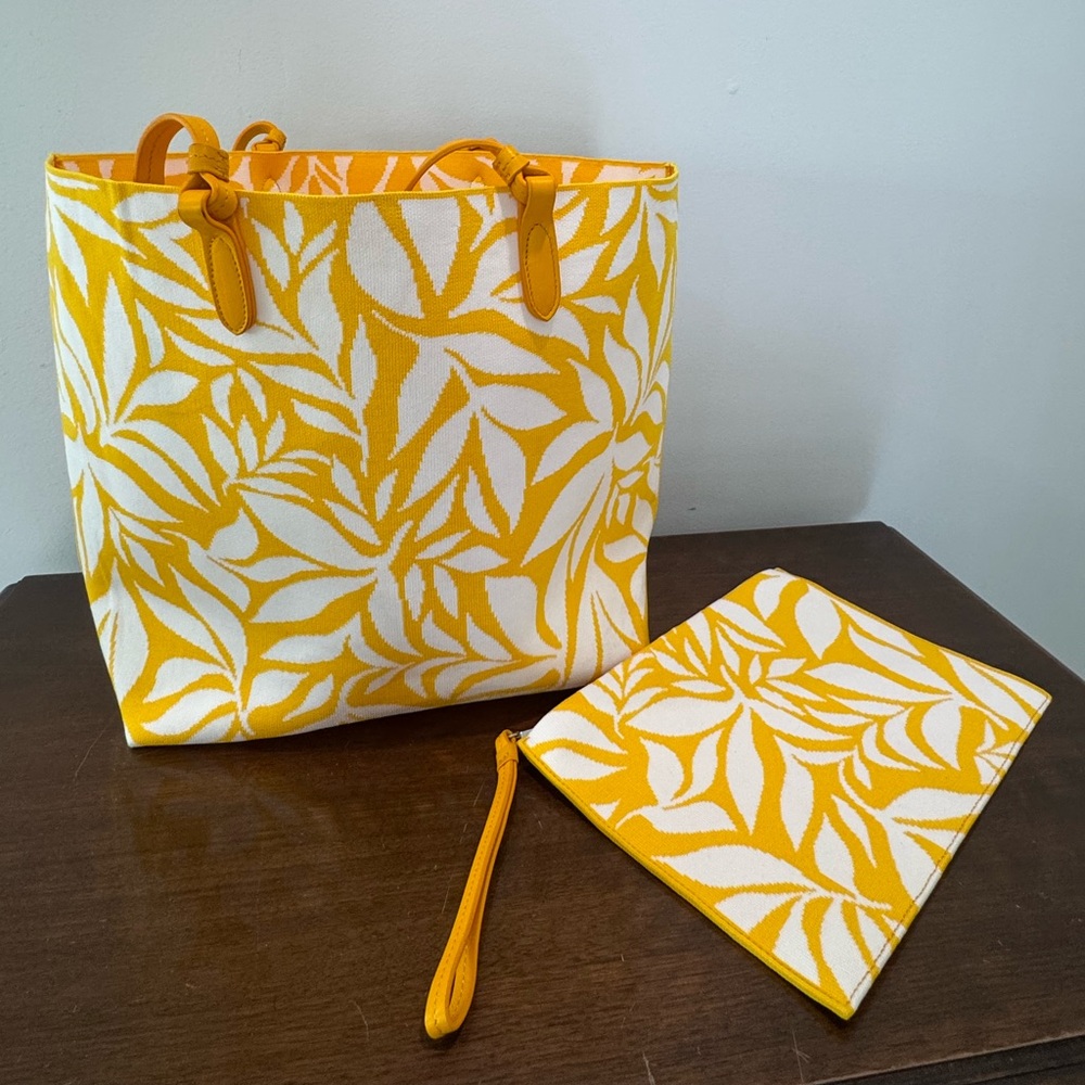 Talbots yellow knit beach bag and matching clutch